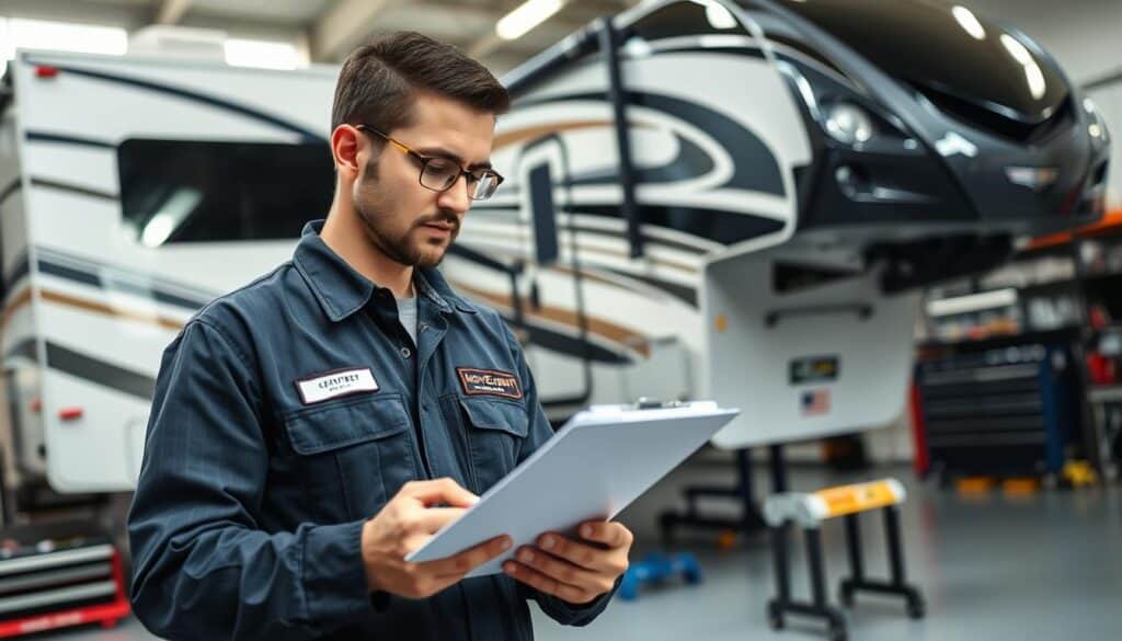 Certified RV damage technician performing a comprehensive assessment Certified RV damage technician performing a comprehensive assessment