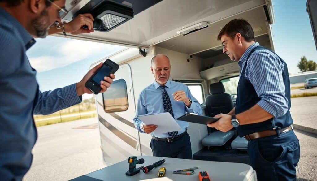 Certified camper inspectors performing a professional vehicle assessment