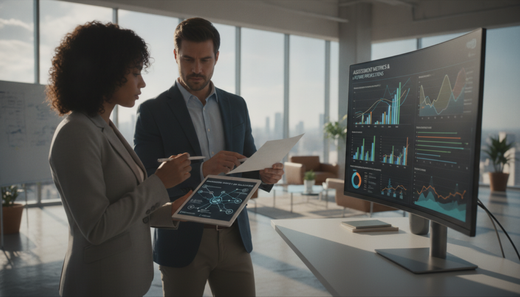 A detailed and professional scene depicting an accident damage assessment process in a modern office environment. In the foreground, a diverse group of two professionals in business attire, one analyzing a digital tablet and the other reviewing papers, are engaged in a focused discussion about the impact of innovation factors on damage valuation. In the middle ground, a sophisticated computer monitor displays intricate graphs and diagrams related to assessment metrics. The background features a sleek, well-organized office with large windows allowing natural light to flood in, enhancing the atmosphere of collaboration and innovation. The scene should have a warm, inviting tone, with soft shadows and a slightly blurred depth of field, highlighting the professionals and their work.