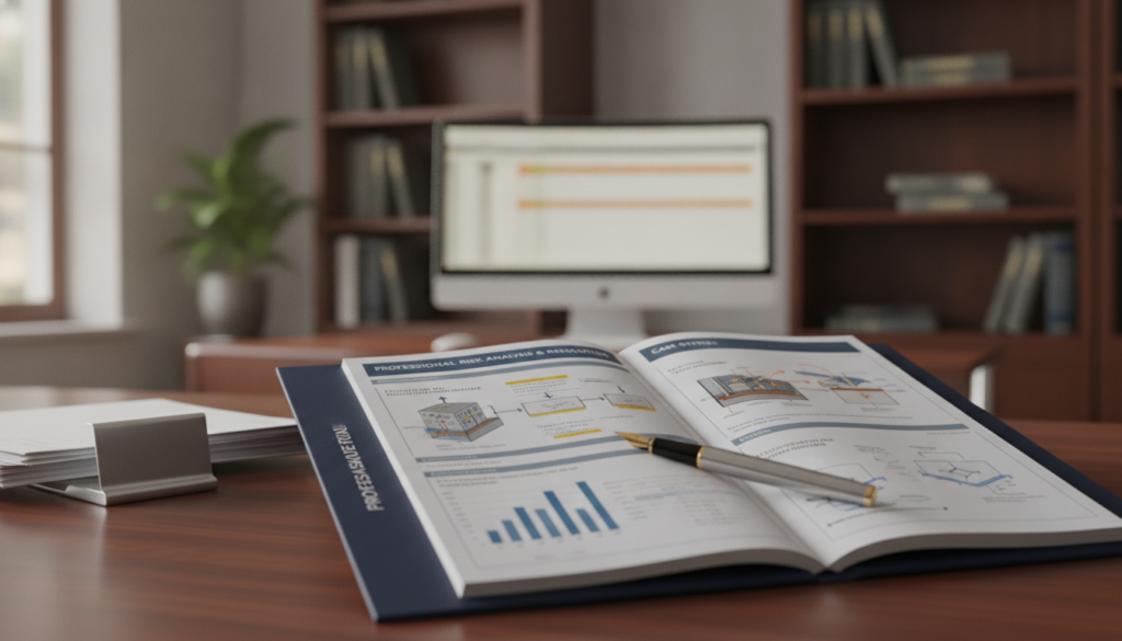 A detailed close-up of a professional insurance assessment report, laying open on a sleek wooden desk. The foreground features neatly organized documents, with highlighted sections and technical diagrams illustrating successful case studies. A high-quality pen sits beside the papers, reflecting the soft natural light coming from a nearby window. In the middle, there's a blurred background of an office setting, complete with a modern computer and bookshelves lined with technical manuals. The lighting is warm and inviting, creating a focused atmosphere conducive to thoughtful analysis. Use a shallow depth of field to emphasize the documents while softly blurring the background elements. The overall mood should convey professionalism and precision, embodying the essence of a thorough technical examination without any people present.