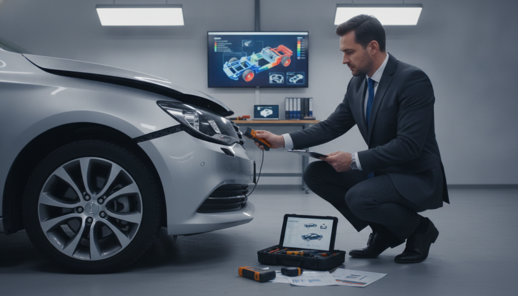 A detailed scene showcasing a professional assessment of vehicle damage, featuring a well-lit setting with a bright, neutral background. In the foreground, an expert in a tailored business suit inspects a damaged car, using a clipboard and a measuring tool. The middle ground displays various tools of evaluation, such as digital measuring devices and analysis charts, emphasizing precision and expertise. The lighting is soft yet focused, casting natural shadows that enhance the realism of the scene. The mood conveys professionalism and thoroughness, focusing on a meticulous approach to damage assessment. The composition should be well-balanced, with clear visibility of the expert's focused expression and the damage on the vehicle, highlighting the process of objective damage evaluation. A detailed scene showcasing a professional assessment of vehicle damage, featuring a well-lit setting with a bright, neutral background. In the foreground, an expert in a tailored business suit inspects a damaged car, using a clipboard and a measuring tool. The middle ground displays various tools of evaluation, such as digital measuring devices and analysis charts, emphasizing precision and expertise. The lighting is soft yet focused, casting natural shadows that enhance the realism of the scene. The mood conveys professionalism and thoroughness, focusing on a meticulous approach to damage assessment. The composition should be well-balanced, with clear visibility of the expert's focused expression and the damage on the vehicle, highlighting the process of objective damage evaluation.