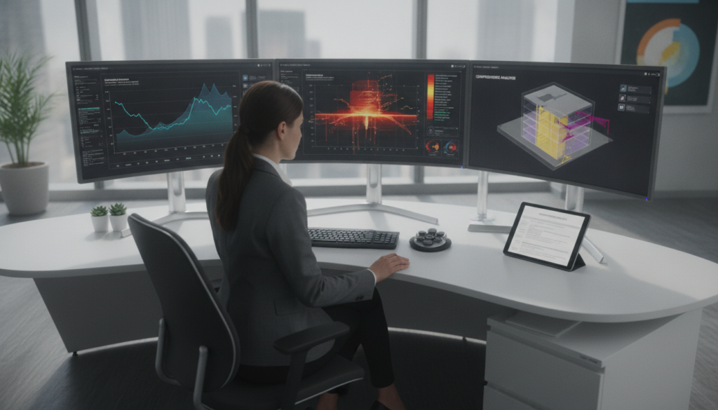 A digital damage assessment scene featuring a modern office environment, showcasing a professional sitting at a sleek desk, analyzing high-resolution images on multiple computer screens. In the foreground, the individual wears smart business attire, focused and engaged with the technological tools around them. The middle layer includes various digital interfaces displaying structural analysis graphs and damage report simulations in vibrant colors. In the background, large windows let in soft, natural light, creating a calm atmosphere. The overall feel is one of innovation and expertise, emphasizing the use of technology in comprehensive damage evaluations. The composition should have an inviting yet professional tone, captured from a slightly elevated angle to highlight both the work being done and the high-tech workspace.