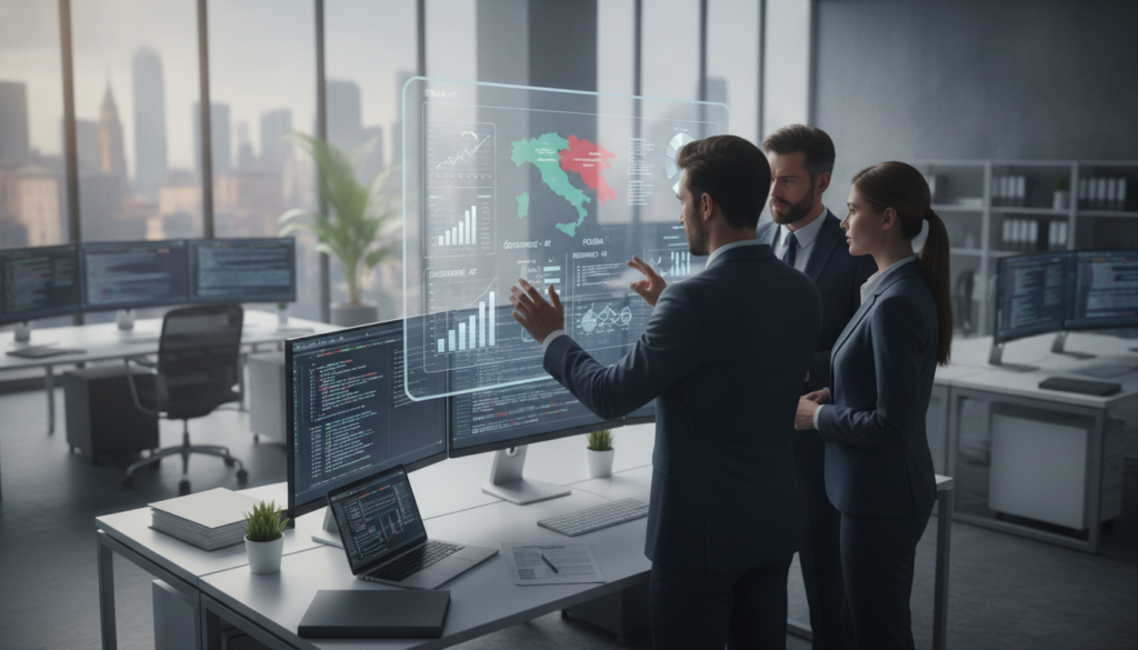 A dynamic and detailed illustration of a multi-national insurance assessment process, showcasing the concepts of auto insurance claims from IT, AT, CH, and PL. In the foreground, depict a diverse group of three professionals in business attire, engaging in a discussion around a large digital screen displaying charts and graphs related to assessment methods. In the middle ground, include workstations with computers and documentation showing technical specifications and claim statistics. The background should feature a modern office environment with large windows allowing natural light to fill the space, creating a bright and optimistic atmosphere. Use a shallow depth of field to focus on the professionals while softly blurring the background, capturing the essence of collaboration and data-driven decision-making.