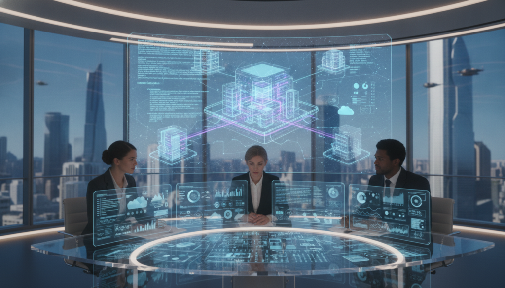 A futuristic and sophisticated office environment depicting a professional assessment of IT damage analysis. In the foreground, a group of three diverse, business-attired analysts are intently reviewing digital data on sleek monitors, showcasing graphs and statistics related to technological advancements in damage assessment. In the middle, a large interactive screen displays complex algorithms and 3D models of IT infrastructures. The background features cityscape windows with a blue sky, suggesting an advanced setting. Soft, ambient lighting casts a warm glow across the room, enhancing a collaborative yet serious atmosphere. The camera angle is slightly elevated, focusing on the analysts' engaged expressions while ensuring a professional and optimistic mood throughout the composition.