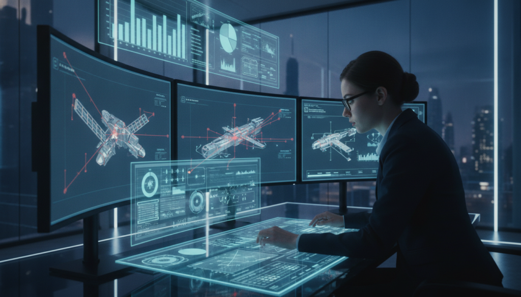 A futuristic digital damage analysis scene, featuring a high-tech workspace filled with advanced computer monitors displaying complex damage reports and 3D visualizations. In the foreground, a professional analyst in business attire is intently examining data on a touch-sensitive screen, with a look of concentration. The middle ground showcases holographic graphs and charts floating in the air, illuminated by a soft blue light that emphasizes the cutting-edge technology. The background reveals a sleek, modern office with glass walls and ambient lighting, creating a clean and efficient atmosphere. The mood is one of innovation and focus, suggesting a bridge between current practices and the future of damage analysis, bathed in a high-tech glow that signifies progress.