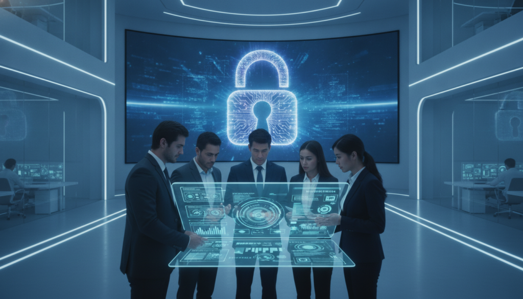 A futuristic office environment showcasing data privacy and cyber security themes. In the foreground, a diverse group of professionals in business attire are engaged in a discussion around a digital tablet displaying complex data visualizations and security graphs. In the middle ground, a large screen displays a lock symbol integrated with circuit board patterns, symbolizing data protection. The background features sleek, modern office architecture with soft blue lighting creating a calm yet serious atmosphere, enhancing the theme of data security. The composition uses a wide-angle lens perspective to capture the collaborative nature of the scene, while ensuring the overall mood is focused and diligent, reflecting the importance of data privacy and security.