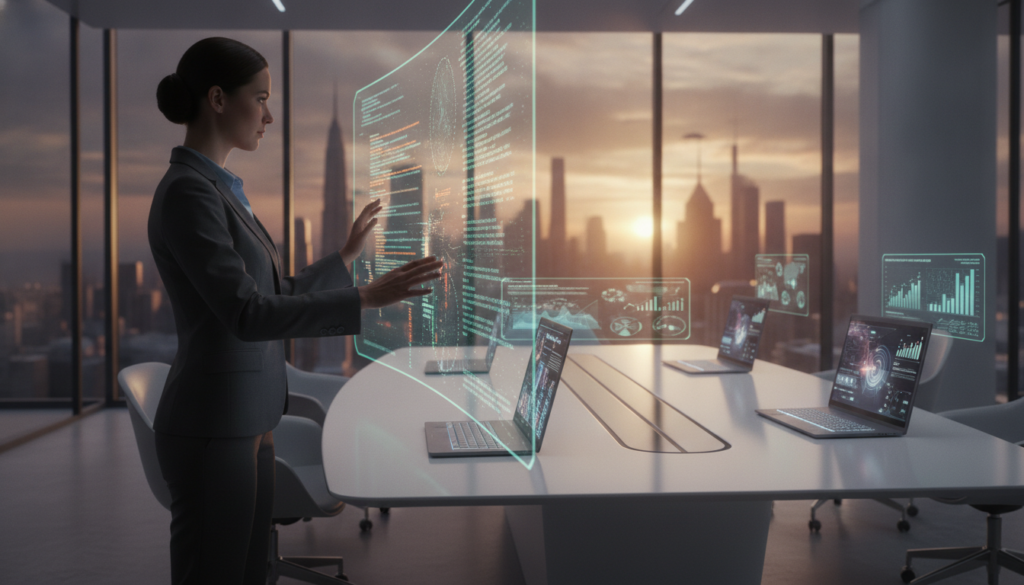 A futuristic office space dedicated to IT auditing, showcasing advanced technology and tools. In the foreground, a professional woman in business attire is examining data on a sleek holographic interface, her focused expression highlighting the detailed metrics. In the middle ground, a modern conference table is surrounded by high-tech laptops and digital devices that display intricate graphs and analytics. The background shows large windows revealing a city skyline with a sunset, casting warm, soft lighting over the scene. The atmosphere is one of innovation and precision, reflecting the evolving landscape of auditing practices in the IT sector. The image captures a harmonious balance between technology and professionalism, embodying a sense of clarity and forward-thinking.
