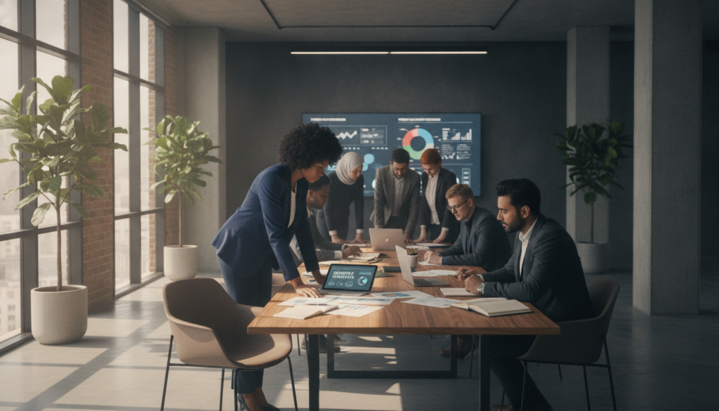 A modern office environment showcasing diverse professionals engaged in collaborative discussions around a large table filled with documents, charts, and digital devices. In the foreground, two individuals in business attire are analyzing a detailed case study report on a tablet, while a diverse group of colleagues in the background reviews data on a large screen. The atmosphere is focused and energetic, with warm, natural lighting filtering in through large windows, highlighting the professionalism of the setting. Soft shadows create depth, and a hint of greenery from potted plants adds a refreshing touch. A sense of purpose and teamwork fills the room, emphasizing the practical application of case studies in a real-world context.