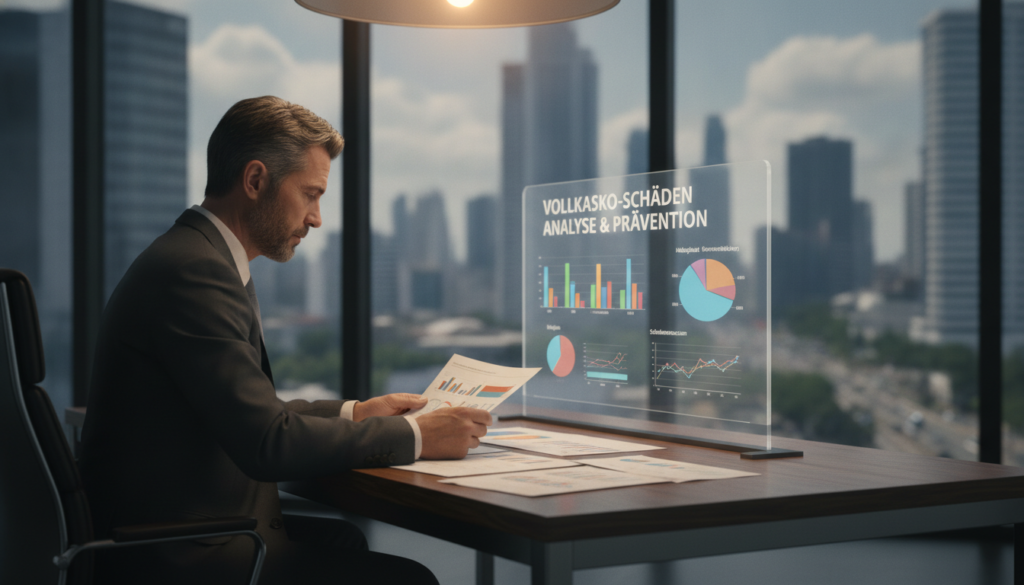 A modern office setting depicting a professional evaluation of car insurance damage with a focus on preventative measures. In the foreground, a well-dressed middle-aged consultant in business attire, analyzing detailed reports and charts on a sleek desk, illuminated by soft overhead lighting. In the middle, a large digital screen displays vibrant graphs and statistics related to Vollkaskoschäden (comprehensive car damages). The background features a large window with a view of a cityscape, suggesting a busy urban environment. The atmosphere is calm and focused, conveying a sense of professionalism and thorough assessment. Use a slightly blurred depth of field to emphasize the consultant and the reports, creating a sense of dynamic engagement with the subject matter.