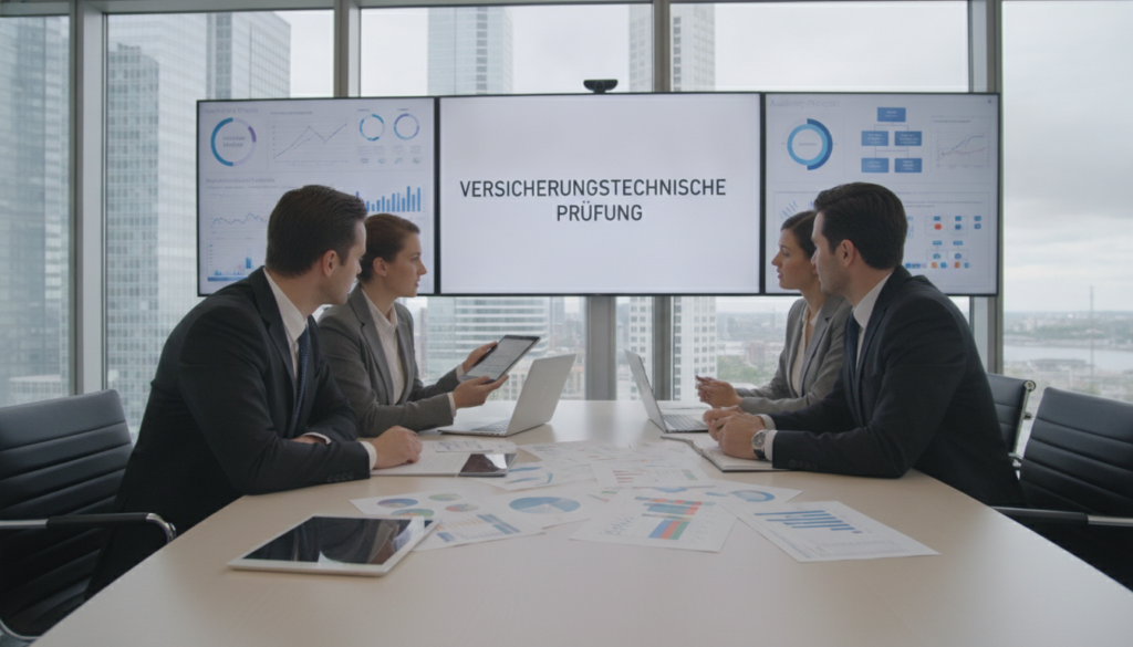 A modern office space showcasing "Versicherungstechnische Prüfung," featuring a sleek conference table with digital devices, papers, and analytical charts. In the foreground, a diverse group of three professionals—two men and one woman—dressed in smart business attire, intensely discussing the examination process. The middle section highlights digital screens displaying complex data visualizations and graphs, emphasizing technological innovations in auditing. The background includes a large window with cityscape views, suggesting a dynamic environment. Soft, diffused lighting creates a bright and inviting atmosphere, while a low-angle perspective captures the professionals engaging with the technology. Overall, the image conveys a sense of collaboration, transparency, and forward-thinking in the field of insurance auditing.