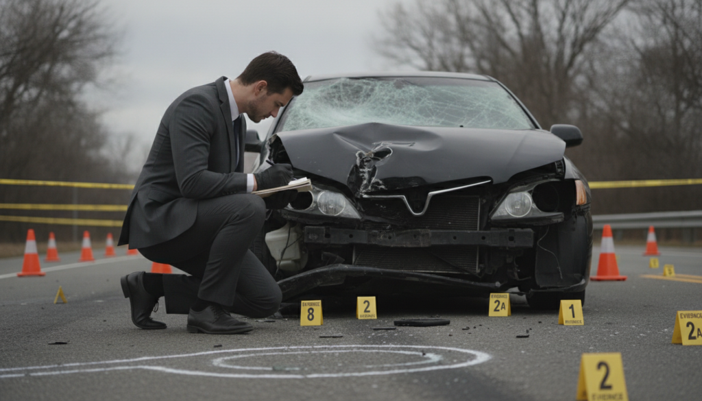 A professional accident analyst is meticulously examining a detailed accident scene, surrounded by police markings and evidence markers. In the foreground, the analyst, wearing a smart business suit, is kneeling, holding a notepad and pen, focused on a car's impact area. The middle ground showcases a damaged vehicle, with shattered glass and visible damage, while nearby, chalk outlines and cones indicate the positions of other vehicles involved. In the background, blurred trees and an overcast sky add a somber tone. Soft, diffused lighting highlights the seriousness of the analysis, capturing a mood of precision and professionalism. The composition is shot from a low angle to emphasize the importance of the scene, ensuring clarity and detail in every aspect of the investigation.