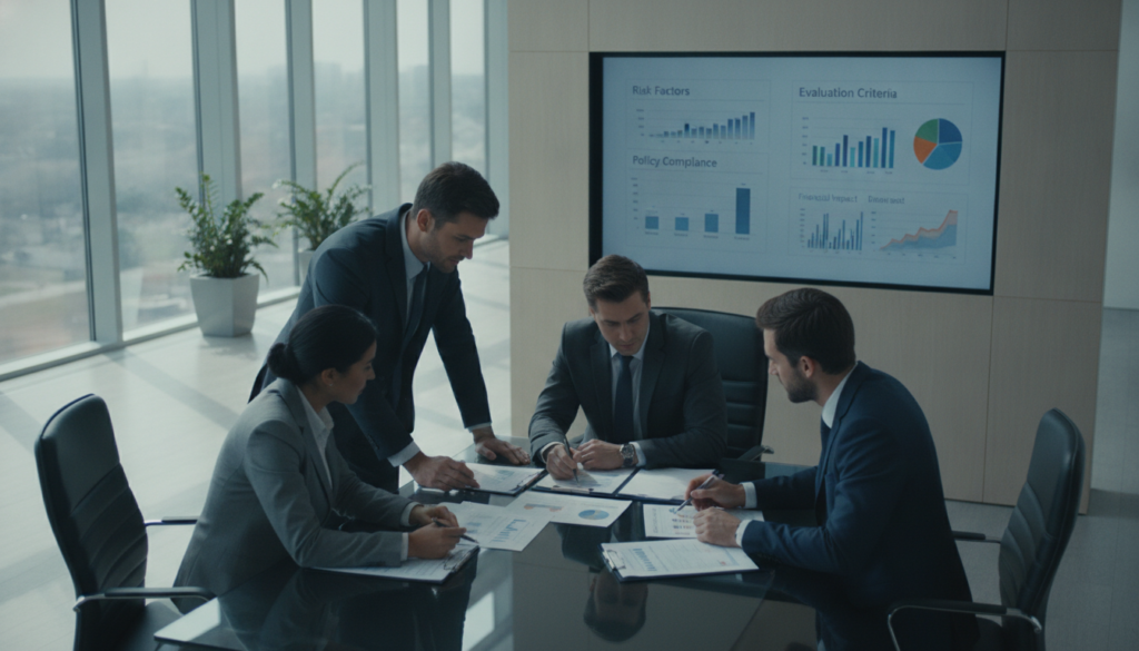 A professional and engaging office environment showcasing a serene atmosphere of expertise in insurance assessment. In the foreground, a diverse group of professionals dressed in smart business attire engage in an analytical discussion over documents and charts on a sleek glass table. The middle ground features a large digital screen displaying clear, well-organized evaluation criteria alongside graphs illustrating data trends. In the background, large windows let in soft, natural light, casting gentle shadows, enhancing the air of clarity and objective analysis. The scene is shot from a slightly elevated angle, providing depth while maintaining focus on the group’s collaborative effort. The mood is focused and productive, emphasizing the importance of transparent and verifiable assessment in the insurance sector.