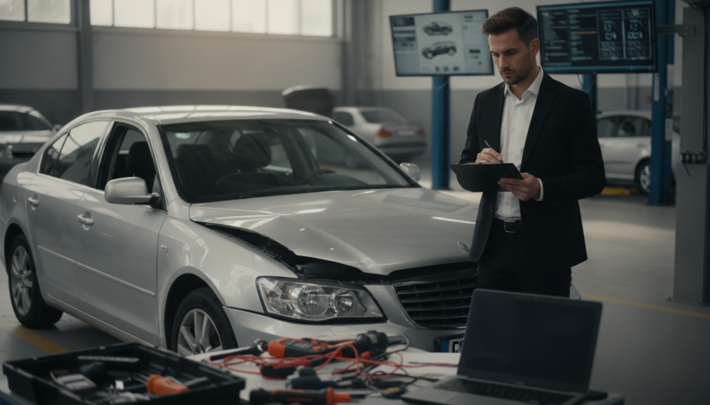 A professional auto expert examining a damaged car with a clipboard in hand, standing confidently beside the vehicle. The foreground features tools and equipment scattered on a work desk, highlighting the technical aspect of assessing full coverage damage. In the middle ground, the car should show visible dents and scratches, with a focused expression on the expert's face, wearing a crisp white shirt and a black blazer. The background includes a well-lit automotive workshop with diagnostic screens displaying data. Soft, natural lighting enhances the serious yet approachable atmosphere, capturing the essence of expert opinions in the automotive field. A slight depth of field draws attention to the expert, emphasizing their importance in the evaluation process.