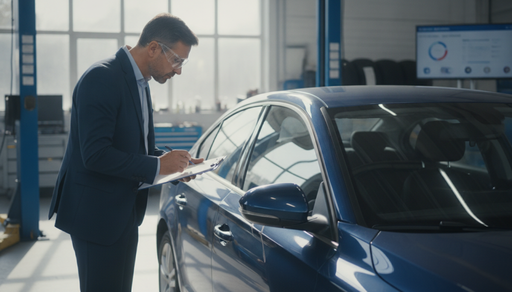 A professional automotive expert inspecting a car for full coverage damage, standing in a bright, well-lit garage. In the foreground, focus on a middle-aged man in a tailored business suit, wearing safety glasses, closely examining the vehicle's body with a clipboard in hand. In the middle, the vehicle is a modern sedan with a partially damaged side, showcasing the process of assessment. The background features tools and equipment related to car repair, along with a soft focus on a digital screen displaying diagnostic information. The lighting is natural and soft, creating an atmosphere of professionalism and diligence, conveying trust in the evaluation process.