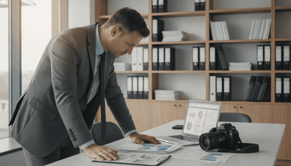 A professional damage assessor in a modern office setting, closely examining a stack of documents and digital images on a sleek desk. In the foreground, the assessor, a middle-aged man in professional business attire—gray suit, light blue shirt, and a navy tie—leans forward, his brow furrowed in concentration. On the desk, a laptop displays detailed diagrams and reports, while a high-quality camera rests nearby, hinting at meticulous documentation. The middle background features shelves filled with folders and case files, symbolizing organized expertise. Bright, natural daylight streams through a large window, creating a warm and focused atmosphere. The overall mood conveys seriousness and professionalism, emphasizing the importance of detailed and factual analysis in damage management.