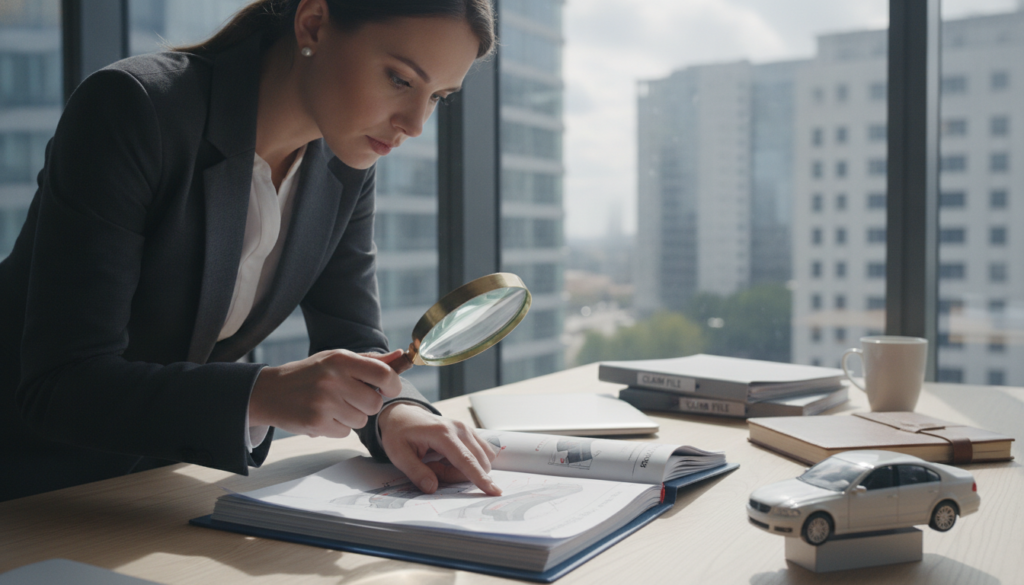 A professional insurance expert examining a detailed vehicle damage report in an office setting. In the foreground, the expert, wearing business attire, is focused on the report with a magnifying glass, highlighting intricate details of the vehicle's damage. The middle layer showcases a well-organized desk with various insurance documents, a laptop, and a model car representing structural damage. In the background, a large window lets in soft, natural light, illuminating the office and creating a calm atmosphere. The mood is serious yet investigative, emphasizing the importance of objective assessments in insurance claims. The angle is slightly elevated, capturing both the expert and the workspace harmoniously. A professional insurance expert examining a detailed vehicle damage report in an office setting. In the foreground, the expert, wearing business attire, is focused on the report with a magnifying glass, highlighting intricate details of the vehicle's damage. The middle layer showcases a well-organized desk with various insurance documents, a laptop, and a model car representing structural damage. In the background, a large window lets in soft, natural light, illuminating the office and creating a calm atmosphere. The mood is serious yet investigative, emphasizing the importance of objective assessments in insurance claims. The angle is slightly elevated, capturing both the expert and the workspace harmoniously.