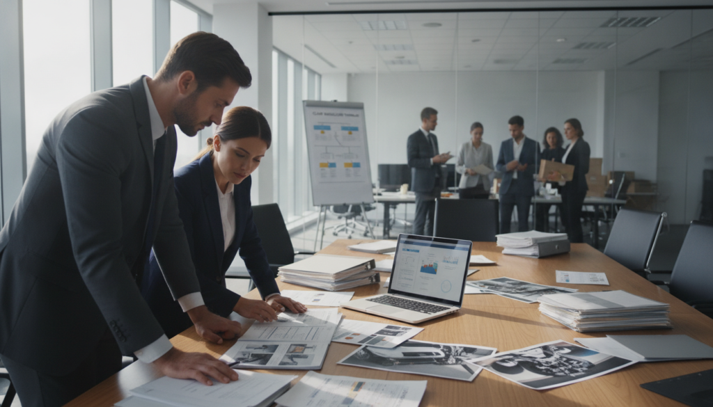 A professional office environment focused on automotive insurance claims processing. In the foreground, two business professionals, a man and a woman, both dressed in smart business attire, are examining a detailed vehicle damage report and discussing it intently. The middle layer features a large conference table cluttered with documents, a laptop open with insurance software displayed, and various repair photos spread out. In the background, a modern office with glass walls shows a team of people engaged in discussions, stacks of files, and an easel with charts illustrating the claims process. The lighting is bright and natural, coming from large windows, creating an atmosphere of professionalism and focus. The perspective is slightly angled, giving depth to the scene.