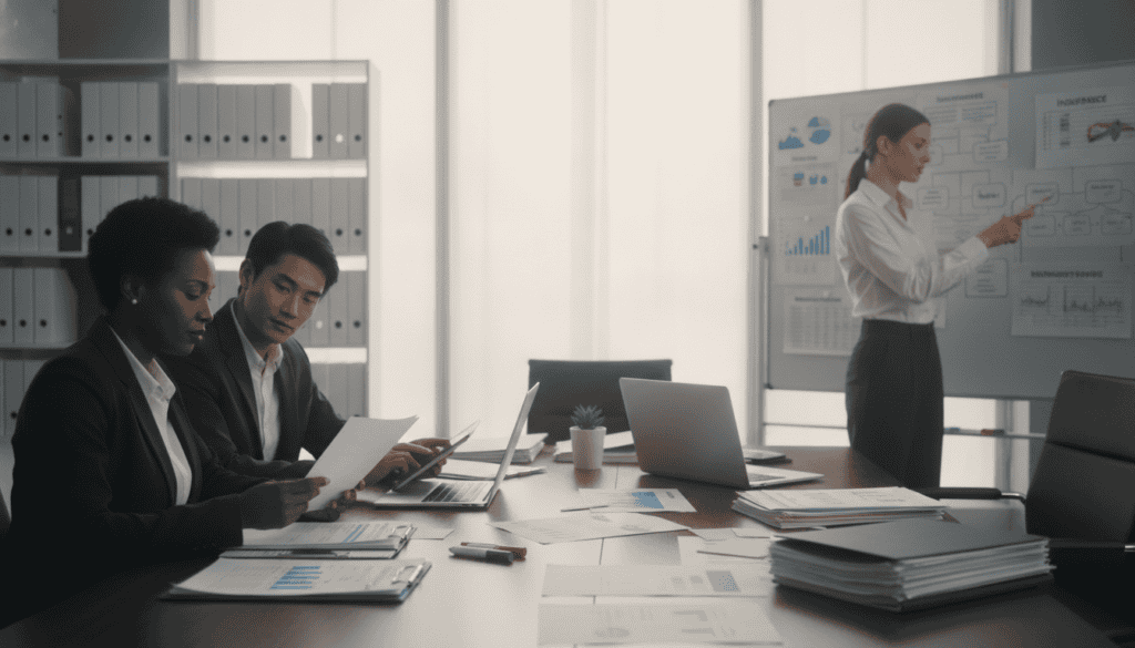 A professional office setting reflecting the structured claims process of comprehensive car insurance. In the foreground, a diverse group of three individuals in business attire—a middle-aged African American woman reviewing documents, a young Asian man analyzing data on a tablet, and a Caucasian woman pointing to charts on a wall—collaborate attentively. The middle ground features a large conference table with paperwork, laptops, and visuals illustrating insurance processes. Soft, natural lighting filters through large windows, casting a warm atmosphere while emphasizing focus and clarity. In the background, shelves neatly organized with insurance manuals and technical guides enhance the professional setting. The overall mood conveys collaboration, expertise, and a commitment to transparent claims processing.