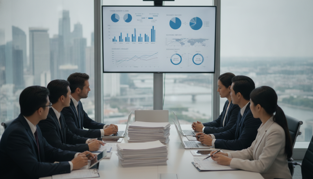 A professional office setting showcasing a critical meeting about cross-border damage assessments. In the foreground, a diverse group of business professionals in smart attire, consisting of men and women of different ethnicities, are gathered around a modern conference table cluttered with structured documents and digital devices. The middle ground features a large wall-mounted screen displaying complex graphs and charts related to cross-border claims. In the background, floor-to-ceiling windows let in soft, natural light, revealing a panoramic view of a bustling international cityscape. The atmosphere is tense yet focused, with an emphasis on collaboration and problem-solving. The lighting is bright and even, capturing the seriousness of the discussion while maintaining a professional ambiance. A professional office setting showcasing a critical meeting about cross-border damage assessments. In the foreground, a diverse group of business professionals in smart attire, consisting of men and women of different ethnicities, are gathered around a modern conference table cluttered with structured documents and digital devices. The middle ground features a large wall-mounted screen displaying complex graphs and charts related to cross-border claims. In the background, floor-to-ceiling windows let in soft, natural light, revealing a panoramic view of a bustling international cityscape. The atmosphere is tense yet focused, with an emphasis on collaboration and problem-solving. The lighting is bright and even, capturing the seriousness of the discussion while maintaining a professional ambiance.