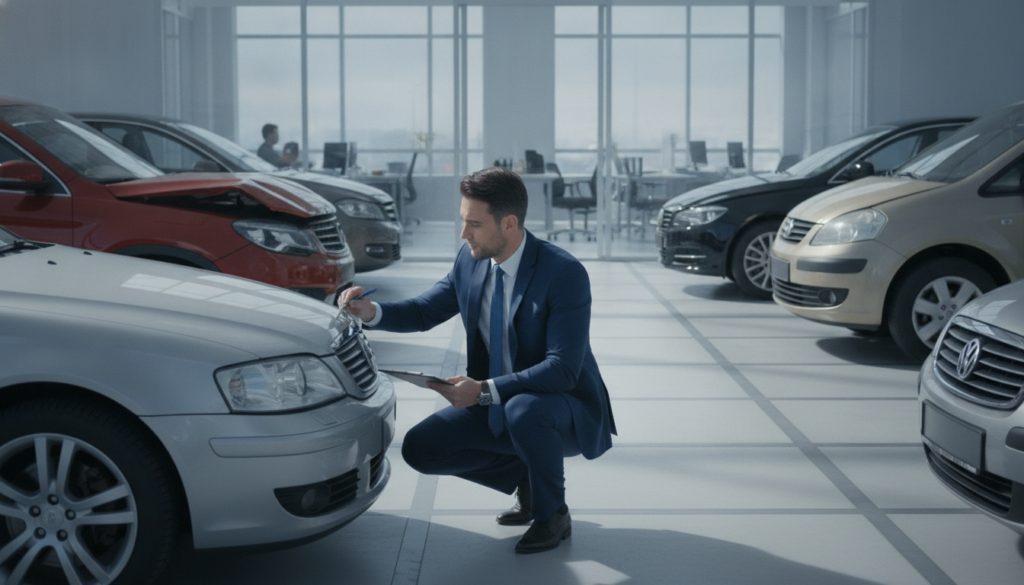 A professional setting depicting the challenge of vehicle damage assessment in insurance. In the foreground, a well-dressed insurance adjuster, wearing formal attire, closely examines a car's front bumper for signs of damage, using a clipboard and measuring tools. In the middle ground, there are various damaged vehicles arranged in an organized manner, showing different types of damage such as dents and scratches. The background features a modern office with large windows, letting in soft, natural light that casts gentle shadows, adding depth to the scene. The atmosphere is focused and meticulous, conveying a sense of thorough investigation and professionalism in the context of Kfz insurance.