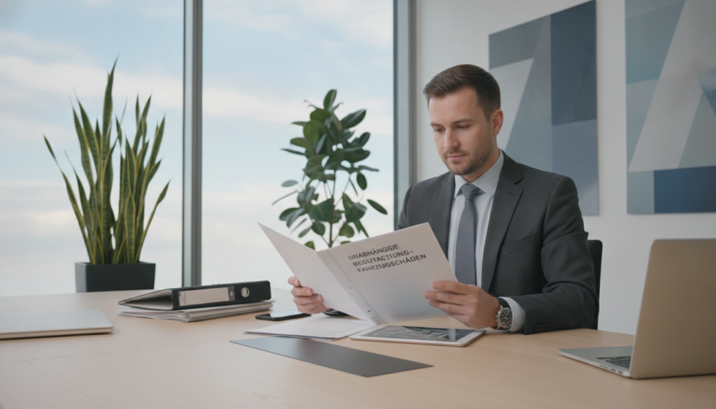 A professional setting depicting the concept of independent assessments on full coverage vehicle damages in Austria. In the foreground, a confident insurance expert, dressed in a business suit, examines a detailed report while seated at a minimalist conference table, surrounded by organized files and digital devices. In the middle ground, a large window reveals a soft blue sky, providing natural light that illuminates the space and adds a welcoming ambiance. The background features a sleek office environment with abstract art on the walls and potted plants that instill a sense of calm and objectivity. The overall mood is professional, emphasizing integrity and unbiased evaluation. The composition should be shot from a slight angle to capture both the expert's focused expression and the organized workspace, highlighting the advantages of independent assessments. A professional setting depicting the concept of independent assessments on full coverage vehicle damages in Austria. In the foreground, a confident insurance expert, dressed in a business suit, examines a detailed report while seated at a minimalist conference table, surrounded by organized files and digital devices. In the middle ground, a large window reveals a soft blue sky, providing natural light that illuminates the space and adds a welcoming ambiance. The background features a sleek office environment with abstract art on the walls and potted plants that instill a sense of calm and objectivity. The overall mood is professional, emphasizing integrity and unbiased evaluation. The composition should be shot from a slight angle to capture both the expert's focused expression and the organized workspace, highlighting the advantages of independent assessments.