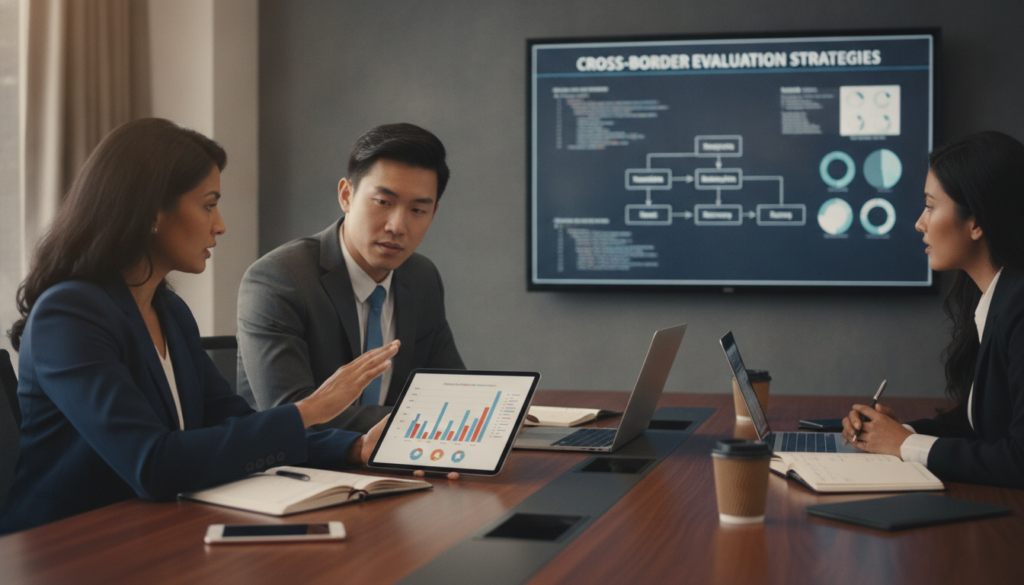 A professional setting featuring a group of diverse business professionals engaged in a collaborative discussion about IT damage assessment methodologies. In the foreground, a middle-aged woman in a tailored blazer gestures towards a digital tablet displaying graphical data, while a young man in a suit analyzes a flowchart on a clear screen. The middle ground shows a large conference table with notebooks, laptops, and analytical tools arranged neatly. In the background, a wall-mounted screen presents charts and diagrams related to cross-border evaluation strategies, illuminated by soft, ambient lighting. The atmosphere is focused and serious, promoting a sense of teamwork and innovative problem-solving. The angle is slightly elevated to capture both the intensity of the discussion and the technological aids surrounding them.