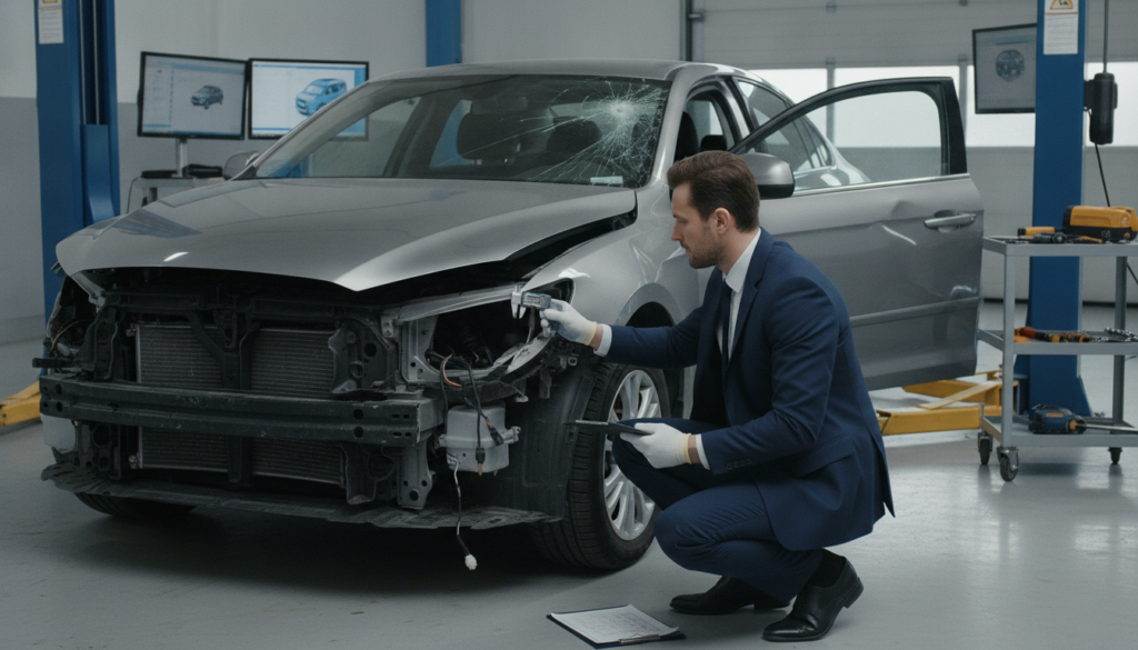 A professional setting for a technical inspection and damage assessment of a vehicle after a comprehensive collision. In the foreground, an engineer in a smart business attire is inspecting the damaged exterior of a car, using specialized tools and a clipboard. In the middle ground, there’s a detailed view of the car's body, emphasizing dents and structural damage. The background shows a well-lit garage workshop with equipment such as hydraulic lifts and diagnostic monitors. The lighting is bright and focused, highlighting the inspection area and creating a serious, analytical atmosphere. Capture this scene from a slightly elevated angle to give a broader perspective, enhancing the technical evaluation process depicted in the image.