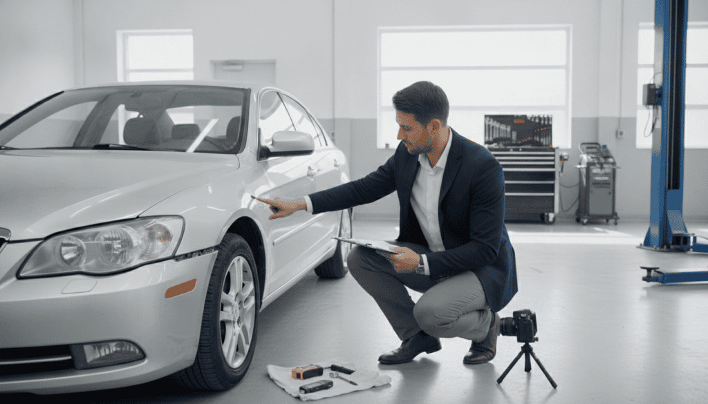 A professional setting illustrating a meticulous documentation process for full coverage insurance claims. In the foreground, a technician in a smart business attire, carefully examining a damaged vehicle, holding a clipboard and taking notes. The middle ground features detailed close-ups of the vehicle with visible damage, such as scratches and dents, alongside essential tools like measuring devices and cameras. The background captures a bright, well-lit garage with clear, organized tools and equipment, emphasizing a sterile, technical atmosphere. The lighting is bright and evenly distributed, enhancing clarity and focus. The angle is slightly elevated, providing a comprehensive view of the inspection process, conveying precision and professionalism in an informative, calm mood.