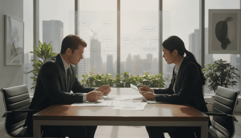 A professional setting showcasing a business meeting about damage assessment support. In the foreground, two individuals in formal business attire are engaged in discussion, examining documents and charts on a sleek conference table. The middle ground features a large window allowing natural light to illuminate the room, highlighting a modern office space with plants and artwork. In the background, a whiteboard filled with diagrams and flowcharts illustrates data analysis related to damage evaluation. The atmosphere is professional and collaborative, conveying a sense of focus and teamwork. The lighting is bright and warm, creating an inviting yet serious mood, while the camera angle provides a slightly elevated view, emphasizing the action and engagement between the participants.