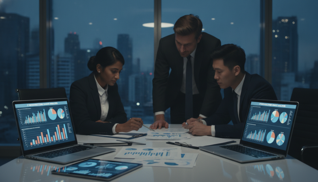 A professional setting showcasing a detailed IT damage analysis summary. In the foreground, a sleek, modern desk with open laptops displaying complex graphs and charts, papers neatly organized, and a digital tablet with analytics displayed. In the middle, a diverse group of three professionals in business attire discussing strategies, deep in thought, with one pointing at a detailed report on the table. The background features a large glass window showing a cityscape at dusk, with warm lighting casting a professional atmosphere. Soft shadows enhance the depth of the scene, while a vibrant blue hue from the screens adds a tech-savvy ambiance. The overall mood is focused, analytical, and forward-looking, reflecting a culmination of insights and future directions.