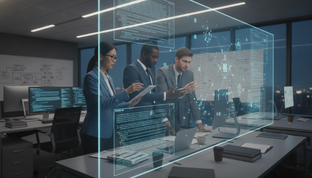 A professional setting showcasing a group of diverse experts analyzing IT systems, with a focus on technical expertise. In the foreground, three individuals in business attire—one woman of Asian descent, one man of African descent, and another man of Caucasian descent—are intently examining a complex virtual data interface on a large screen filled with graphs and code. The middle ground features sleek, modern desks equipped with laptops and technical books, while charts and diagrams are scattered around. The background includes a high-tech office environment with soft, focused lighting, emphasizing a serious yet collaborative atmosphere. The angle captures the dynamic interaction among the team, highlighting their concentration and professionalism as they work towards objective assessments.