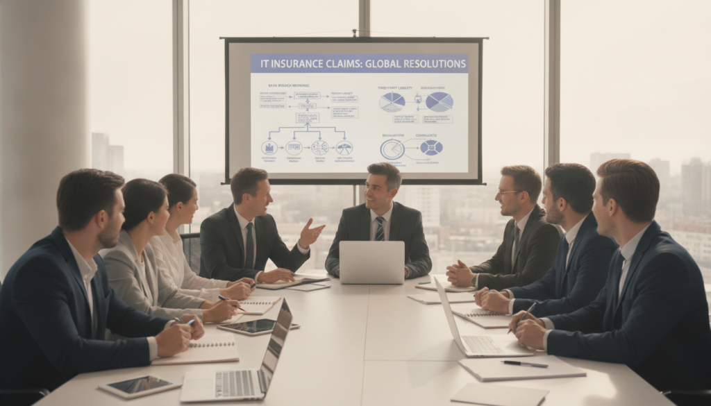 A professional training session unfolds in a modern conference room, focusing on "IT insurance claims." In the foreground, a diverse group of professionals in business attire—both men and women—are engaged in an animated discussion around a large round table laden with laptops, notepads, and digital devices. The middle ground features a large screen displaying flowcharts and infographics related to cross-border claims processes. In the background, large windows allow natural light to flood the room, casting a warm glow. The atmosphere is dynamic and collaborative, reflecting a sense of empowerment and knowledge-sharing. The camera angle is slightly elevated, capturing the interactions and expressions of the participants, emphasizing their engagement in learning and development.