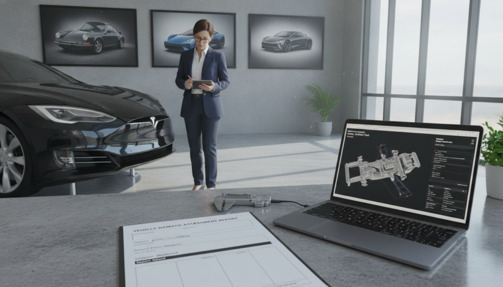 A professional workspace focused on vehicle appraisal, featuring a sleek, modern office desk with a detailed damage assessment report laid out. In the foreground, tools like a digital caliper and a laptop displaying vehicle specifications are neatly organized. The middle ground showcases an expert appraiser in professional business attire, analyzing the damage on a car's bumper, which is positioned towards the left. In the background, there are posters of vehicle models and a large window allowing natural light to flood the room, casting soft shadows. The overall atmosphere is analytical and focused, evoking a sense of precision and professionalism in the vehicle evaluation process. The image should be clear and well-lit, capturing the essence of detailed appraisal assessment.