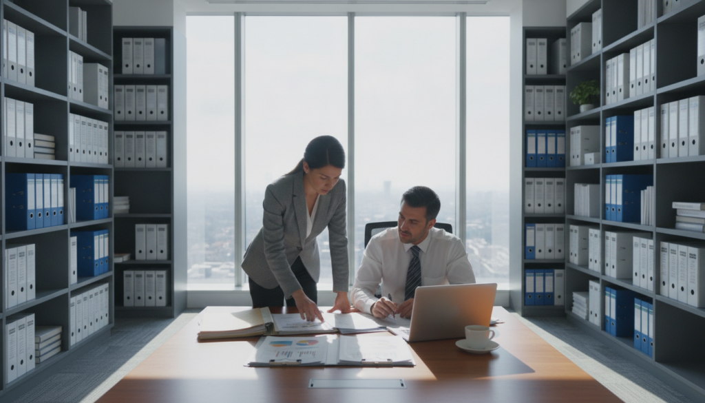 A sleek, modern office environment filled with natural light showcases a professional woman and a man in business attire, intently reviewing insurance claim documents. The foreground features a polished wooden desk cluttered with paperwork, a laptop displaying graphs, and a cup of coffee. In the middle ground, large windows allow sunlight to filter in, illuminating the space and casting soft shadows. Surrounding them are shelves filled with neatly organized binders and books on compliance and documentation, emphasizing the theme of thorough evaluations. The atmosphere is focused and collaborative, reflecting a sense of professionalism and diligence. The scene is captured with a shallow depth of field, using a wide-angle lens to convey both the subjects and their context effectively.