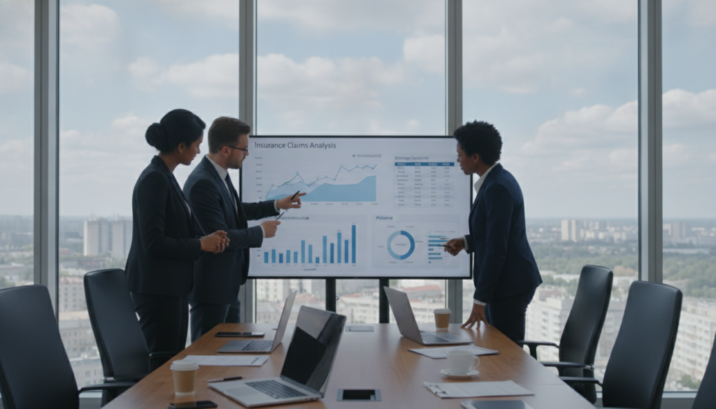 An office environment focused on neutral assessment of full insurance damages, featuring a diverse group of three professionals in business attire engaged in a discussion around a digital screen displaying graphs and charts related to insurance claims in Switzerland, Austria, and Poland. The foreground shows a modern conference table with laptops and documents. In the middle, the group deliberates, illustrating collaboration in damage evaluation. The background consists of large windows allowing natural light to flood in, giving a bright and inviting atmosphere. The overall mood is professional, emphasizing clarity and trust in the assessment process. Use a wide-angle lens to capture the entire scene, highlighting the dynamic interaction among the professionals. The lighting should be bright and even, casting soft shadows for depth.