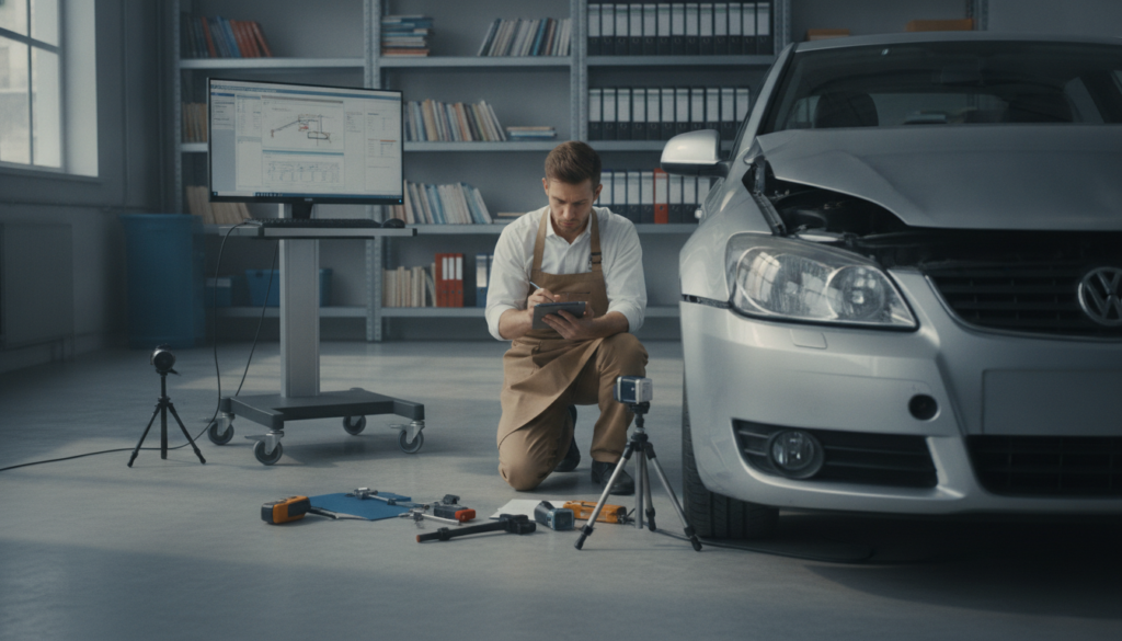 A clear, analytical scene depicting a professional automotive technician, dressed in a crisp shirt and work apron, examining a damaged vehicle in a well-lit garage. The technician is intently focused on taking notes, surrounded by various tools and equipment specifically designed for crash analysis. In the foreground, a close-up view of the car's dented body shows subtle details of the damage, showcasing the intricacies of full comprehensive insurance assessments. In the middle ground, a computer screen displays diagrams and reports related to the damage analysis. The background features shelves filled with reference books and technical manuals, emphasizing a scholarly atmosphere. Soft, natural lighting filters through a large window, casting gentle shadows and creating a serious yet professional mood.