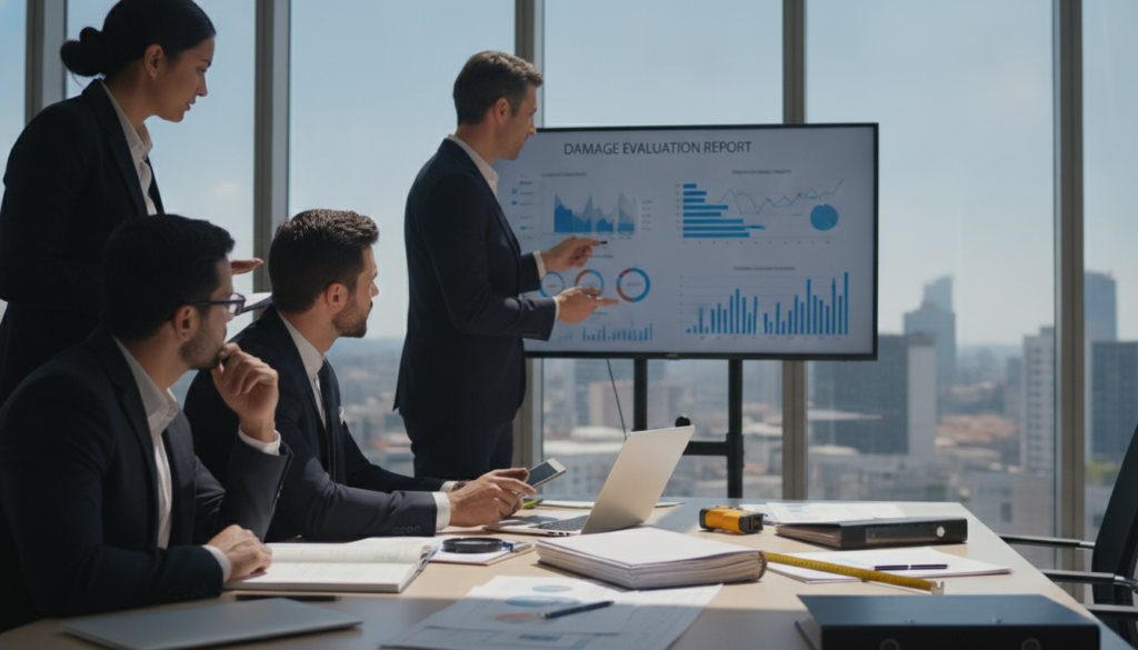 A close-up view of a professional team conducting a damage assessment in a bright, modern office environment. In the foreground, a diverse group of four professionals in business attire, with one holding a clipboard and another examining a digital tablet, are discussing details on a large screen displaying statistical data and graphs related to damage evaluation. The middle ground features a large conference table scattered with documents, a laptop, and repair tools, emphasizing a structured approach to planned damage adjustments. The background showcases floor-to-ceiling windows with natural light flooding in, creating an atmosphere of transparency and efficiency. The mood is focused and collaborative, with an emphasis on teamwork and strategic planning in damage assessment processes.