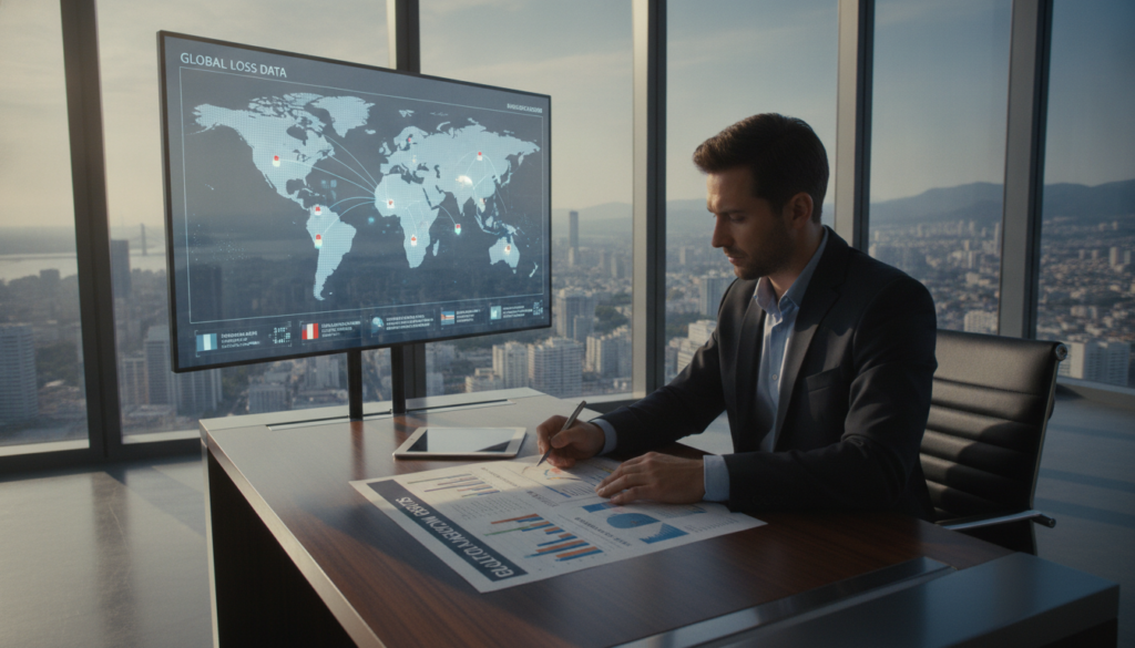 A conceptual illustration depicting the theme of "Auslandschaden Vollkasko" in a professional environment. In the foreground, a well-dressed businessperson, dressed in formal attire, analyzes a detailed report with charts and graphs on a sleek modern desk, demonstrating the assessment of external factors. In the middle ground, a large digital screen displays various global maps and insurance data. The background features a panoramic view of a bustling city skyline through a floor-to-ceiling window, suggesting a global perspective. Soft, natural lighting filters in, creating a calm, focused atmosphere. The angle is slightly elevated, capturing both the individual and the information seamlessly, emphasizing the connection between thorough documentation and external influences. A conceptual illustration depicting the theme of "Auslandschaden Vollkasko" in a professional environment. In the foreground, a well-dressed businessperson, dressed in formal attire, analyzes a detailed report with charts and graphs on a sleek modern desk, demonstrating the assessment of external factors. In the middle ground, a large digital screen displays various global maps and insurance data. The background features a panoramic view of a bustling city skyline through a floor-to-ceiling window, suggesting a global perspective. Soft, natural lighting filters in, creating a calm, focused atmosphere. The angle is slightly elevated, capturing both the individual and the information seamlessly, emphasizing the connection between thorough documentation and external influences.