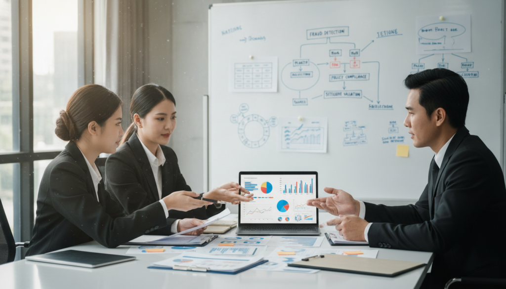 A detailed and analytical approach to assessing an insurance case, depicting a professional workspace. In the foreground, a diverse group of three professionals in smart attire—two women and one man—are gathered around a sleek, modern conference table, reviewing documents and charts. In the middle, an open laptop displays data analytics and graphs related to a case evaluation, with financial reports and case studies spread around. In the background, a large whiteboard filled with diagrams, flowcharts, and keywords related to insurance assessments and claims. Bright, natural lighting filters in through large windows, creating an atmosphere of focused collaboration and professionalism. The angle captures both the individuals engaged in discussion and the informative details of their workspace, emphasizing clarity and thoroughness in case evaluation.
