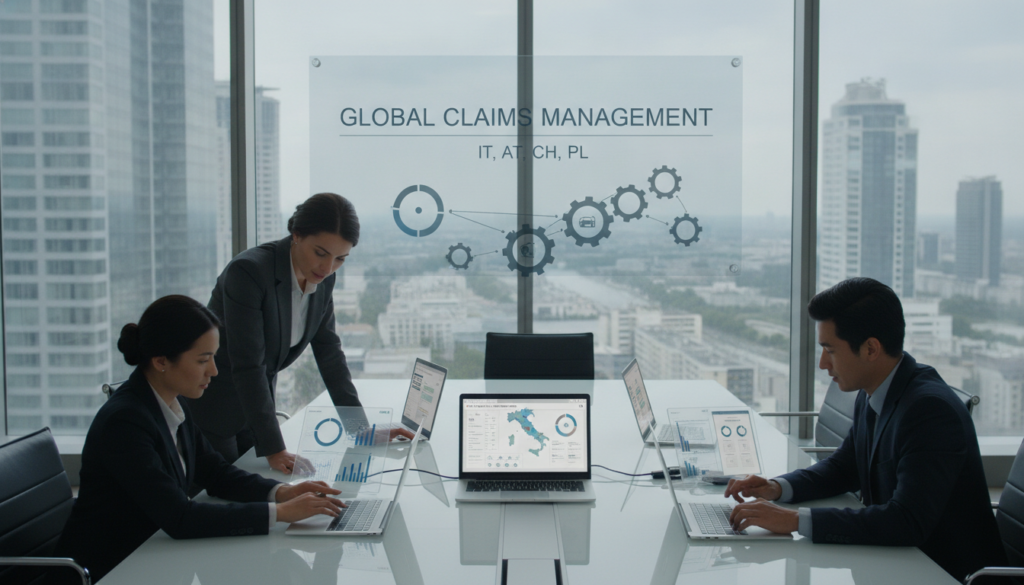 A detailed and structured layout illustrating the processes of comprehensive car insurance claims management across IT, AT, CH, and PL. In the foreground, a diverse group of three professionals in business attire is engaged in a collaborative discussion over digital devices, analyzing data visualizations and charts. The middle ground showcases a sleek conference table with open laptops displaying detailed graphs and progress reports. In the background, panoramic windows reveal a modern cityscape under soft, natural lighting, highlighting a serene atmosphere of productivity. The composition should convey a sense of clarity and professionalism, with a focus on teamwork and technical efficiency in the insurance industry. The image should have a clean, modern aesthetic and be captured from a slightly elevated angle, emphasizing the collaborative dynamics at play.