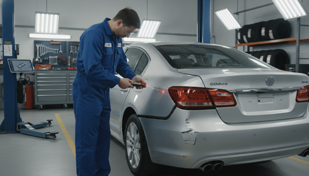 A detailed automotive damage assessment scene with a professional technician inspecting a damaged vehicle in a well-lit garage. In the foreground, the technician, dressed in a smart blue coverall, is examining the car's rear fender with a specialized tool, reflecting concentration and expertise. The middle ground showcases the vehicle with visible dents and scratches, under bright overhead lights emphasizing the damage. In the background, various tools and equipment are neatly arranged, creating an organized and professional atmosphere. The scene conveys a mood of diligence and precision, highlighting the importance of thorough technical evaluation in the damage assessment process. The image is captured from a slightly elevated angle to provide a comprehensive view of the technician at work, surrounded by essential tools.