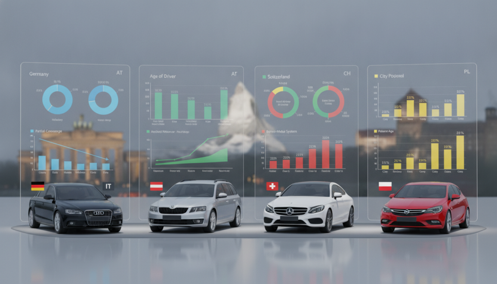 A detailed comparison of car insurance assessments across four countries: Germany (IT), Austria (AT), Switzerland (CH), and Poland (PL). In the foreground, display four distinct car models, each labeled with a flag representing the respective country, showcasing diverse vehicle designs symbolizing the automotive industry. In the middle ground, illustrate graphs and charts that visually represent the different valuation metrics and statistics for full coverage insurance in each country, color-coded for easy understanding. The background features iconic landmarks from each nation, subtly included to add context without overpowering the imagery. The scene is well-lit with a professional, analytical atmosphere, shot from a slight tilt to give depth, mimicking a report presentation, without any text or overlays. The overall mood is informative and professional, emphasizing clarity and visual impact.