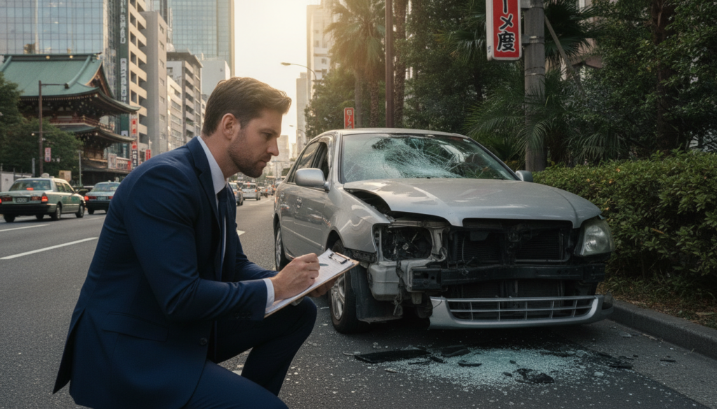 A detailed depiction of an automotive accident assessment in a foreign setting, featuring a professional in business attire examining a damaged vehicle. In the foreground, the assessor holds a clipboard with notes, demonstrating focus and diligence. The middle ground includes a visibly damaged car, with crumpled bodywork and shattered glass, placed on a roadside lined with foreign signage and lush vegetation, hinting at an international location. The background shows an office or busy urban area, suggesting a professional environment. Soft, natural lighting creates a serious yet approachable atmosphere, and the image is captured from a medium angle to highlight the scene's depth and context.