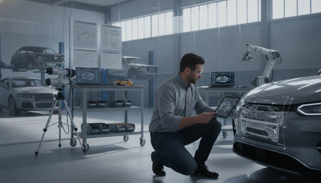 A detailed digital artwork illustrating the technical assessment of comprehensive insurance damages, set in a modern automotive workshop environment. In the foreground, a professional engineer in smart casual attire examines a damaged vehicle, using a tablet to note critical data points and repair recommendations. In the middle ground, various automotive tools and equipment are strategically placed, evoking a high-tech atmosphere. The background showcases a large, well-organized workspace with additional vehicles under repair and technical diagrams pinned to the walls. Natural light filters through large windows, creating a bright and focused ambiance, highlighting the engineer’s concentrated expression. The overall mood conveys professionalism, attention to detail, and a commitment to thorough technical evaluation.