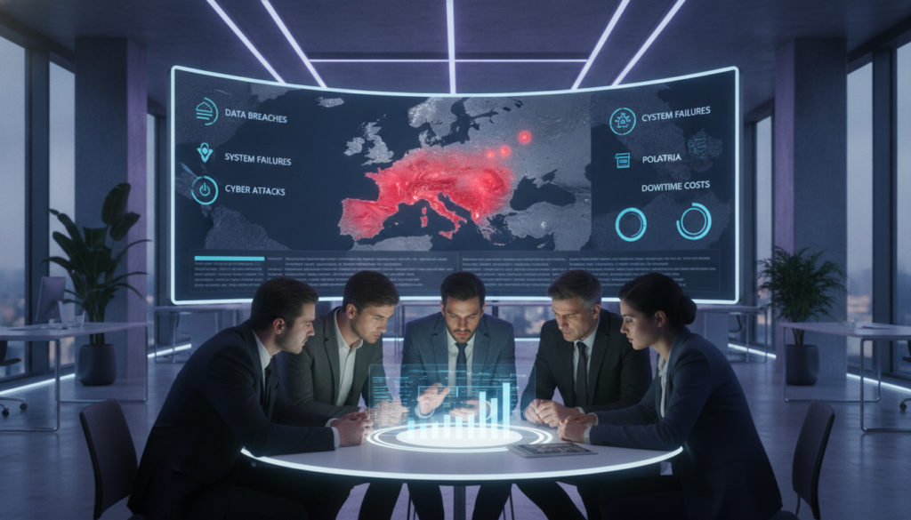 A detailed illustration depicting "Documented IT Damages" in a professional context. In the foreground, a group of diverse professionals in business attire are gathered around a table, analyzing graphs and charts on a digital tablet. The middle layer features a large monitor displaying various data points, incidents, and visualizations related to IT damage cases from countries like Germany, Austria, Switzerland, and Poland. In the background, a sleek office environment with soft, cool lighting enhances the tech-savvy atmosphere. The scene conveys a serious yet collaborative mood, focused on problem-solving and analysis. The lens angle captures the interaction among the subjects, emphasizing engagement and teamwork without any distracting elements such as text or watermarks.