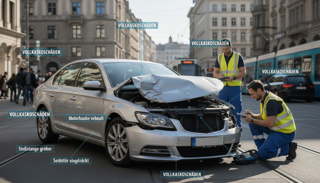 A detailed illustration of a vehicle collision in an international setting, showcasing noticeable damages labeled as "Vollkaskoschäden." In the foreground, a damaged car with various dents and scratches, positioned at an angle to highlight the extent of the wreckage. In the middle ground, a mechanic examining the car with professional attire, using tools to assess the damage. The background features a bustling street scene with buildings and pedestrians, hinting at a foreign city, perhaps with distinct architecture. The lighting is bright, simulating midday sun, creating sharp shadows that emphasize the damages. Capture a realistic and informative atmosphere, focusing on the concept of vehicle damage assessments visually and technically.