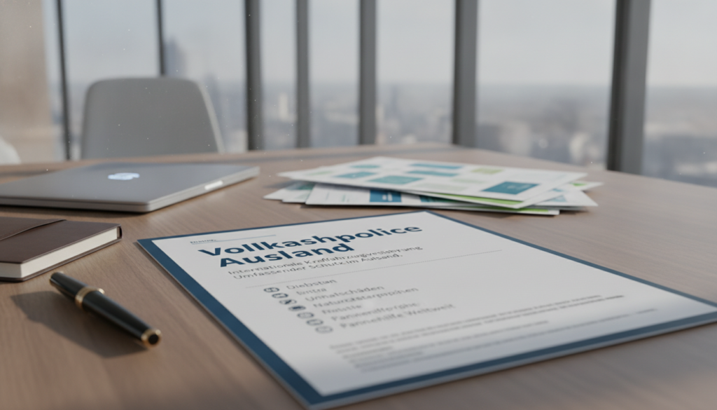 A detailed illustration of an insurance policy document prominently featuring the phrase "Vollkaskopolice Ausland." In the foreground, focus on a well-organized desk with a closed laptop, an elegant pen, and an open policy document displaying key terms related to international car insurance. In the middle ground, include a neatly arranged stack of related papers with diagrams and charts illustrating insurance coverage. The background should convey a modern office setting with large windows allowing soft, natural light to fill the space, creating a professional atmosphere. The overall mood is serious and informative, reflecting trust and clarity in the context of insurance policies. The image should be captured from a slight angle, with a depth-of-field effect emphasizing the document details while gently blurring the background.