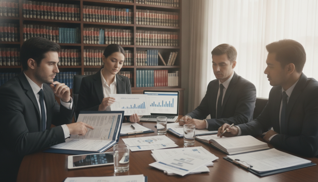 A detailed legal office setting, showcasing a professional meeting discussing comprehensive insurance coverage. In the foreground, a diverse group of business professionals in smart attire, analyzing documents and pointing at charts. The middle ground features a large conference table strewn with paperwork and digital devices displaying graphs of insurance claims and legal frameworks. The background depicts a large bookshelf filled with legal texts and a bright window allowing natural light to flood the room, casting soft shadows. The atmosphere is serious and collaborative, suggesting an in-depth discussion of legal aspects of full coverage insurance. Capture it with soft focus lens effects, emphasizing the clarity of documents and expressions of concentration.