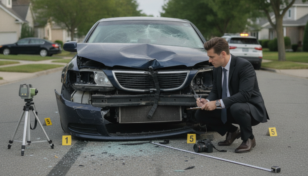 A detailed scene depicting a car accident investigation, focusing on a vehicle with noticeable damage to the front end, showcasing crumpled metal and shattered glass. In the foreground, a professional-looking car expert in business attire examines the damage intently, taking notes on a clipboard. In the middle, the damaged vehicle is surrounded by evidence markers and tools for assessment, such as measuring devices and cameras. The background features a blurred view of a suburban street, creating a realistic setting. Soft, natural daylight casts gentle shadows, enhancing the seriousness of the investigation. The mood is analytical and meticulous, reflecting the role of experts in documenting and evaluating vehicle damages accurately.