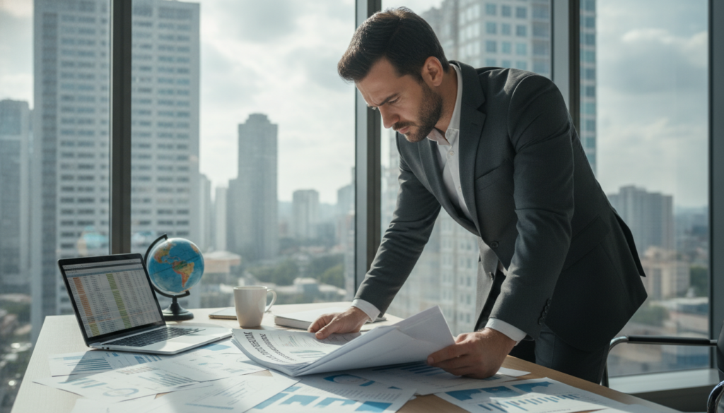 A detailed scene depicting a professional automotive expert examining documents related to foreign damage assessments. In the foreground, a focused individual, dressed in a smart business suit, scrutinizes a comprehensive report titled "Expert Opinion on Foreign Damage Assessment." In the middle ground, an office setting is visible, with a modern desk cluttered with papers, a laptop, and a globe symbolizing international travel. In the background, a large window showcases a city skyline, filled with both daylight and soft, diffused sunlight creating an air of professionalism. The atmosphere feels serious and meticulous, emphasizing the importance of consistency in foreign damage documentation. The composition is captured with a slight angle to highlight the documents and the expert's expressions of concentration.